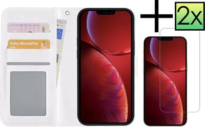 Hoesje - Met 2x Screenprotector - Geschikt voor Apple iPhone 14 - Luxe Pasjeshouder - Bookcase Portemonee - Flip Case - Kunstleer Book Case - Flipcase Hoes - Book Cover - Walletcase - Portemonneehoes - Wit