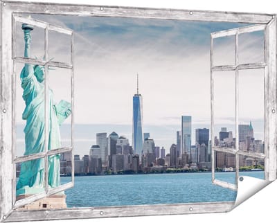 Gards Tuinposter Doorkijk Vrijheidsbeeld in New York - 150x100 cm - Tuindoek - Tuindecoratie - Wanddecoratie buiten - Tuinschilderij