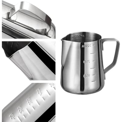 Tasse à Mousse 350ML Acier Inoxydable de Qualité Alimentaire Poignée Antidérapante Pichet Mousseur à Lait avec Échelle gray