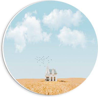 KuijsFotoprint - Schilderij - Eenzaam Huisje Onder Wolkjes - Wit, Blauw En Bruin - 20 X 20 Cm