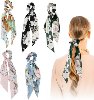 Famanu – Satijnen scrunchies met strik 5 stuks, bloemendesign haarelastiekjes voor dames