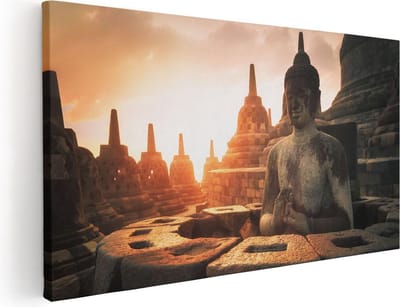 Artaza Canvas Schilderij Boeddha - 40x20 cm - Klein - Wanddecoratie Zonsondergang - Muurdecoratie Bali - Schilderijen Op Canvas