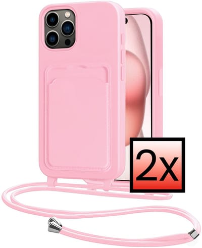 Hoes Geschikt voor iPhone 14 Pro Hoesje Pasjeshouder Cover Met Koord Case Siliconen Hoes Met Telefoonkoord en Kaarthouder - Lichtroze - 2 PACK