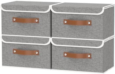 Opvouwbare Kartonnen Dozen met Deksel - 33 x 23 x 20 cm - 4 Stuks Grijze Opbergboxen voor Kledingkast