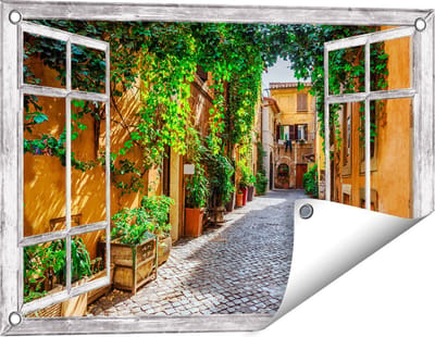 Gards Tuinposter Doorkijk Straatje in Rome met Groene Planten - 60x40 cm - Tuindoek - Tuindecoratie - Wanddecoratie buiten - Tuinschilderij