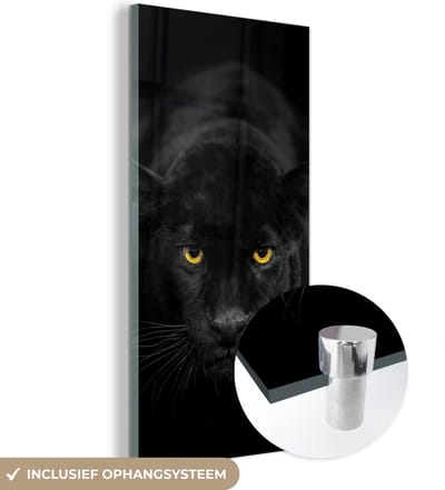 MuchoWow® Glasschilderij 20x40 cm - Schilderij acrylglas - Luipaard - Ogen - Zwart - Foto op glas - Schilderijen