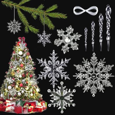 Set van 24 Sneeuwvlok Hangers, IJspegels, Kerstdecoratie, Acryl Versiering voor de Kerstboom, Perfect voor het Versieren van Feestelijke Ruimtes, 5-17 cm