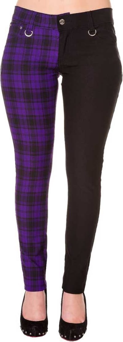 Banned - HALF BLACK HALF CHECK Skinny fit broek - 2XL - Zwart/Paars