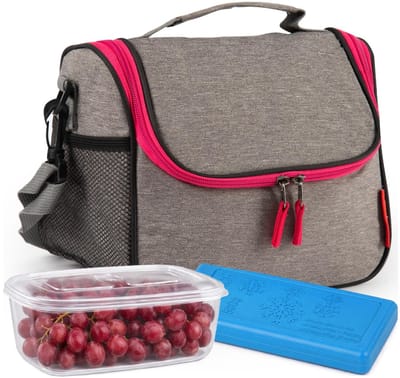 Plasticforte Lunchtas / koeltas set - 3-delig - taupe/roze - 26 x 20 x 17 cm - kantoor / school lunch