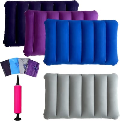 SnelShoppen - Opblaasbare Kussen Set 4 Stuks - Draagbaar Camping Kussen - Geschikt voor Vakantie, Strand, Zonnebaden en Reizen - Grijs, Donkerblauw, M