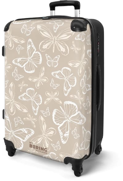 NoBoringSuitcases.com® - Koffer groot - Rolkoffer lichtgewicht dames - Beige patroon van vlinders - Reiskoffer met 4 wielen - Valies grote trolley XL op wieltjes - Harde reistrolley met TSA slot - 20 kg bagage - Reizen