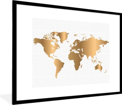 Poster in lijst - Fotolijst 80x60 cm - Posters - Wereldkaart - Stippen - Goud - Posterlijst zwart - Decoratie - Wanddecoratie woonkamer - Muurdecoratie slaapkamer