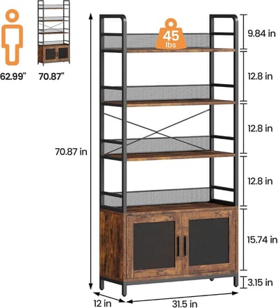 Boekenkast met deuren- 2 deuren en 4 open schoenen- gemaakt van metaal met kantelbeveiliging- verstevigde X-vormige achterkant- 180 x 80 x 30 cm- bruin en zwart