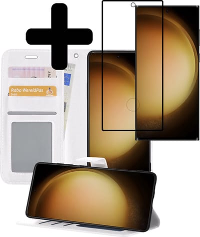 Hoesje - Met Screenprotector - Geschikt voor Samsung Galaxy S23 Ultra - Luxe Pasjeshouder - Bookcase Portemonee - Flip Case - Kunstleer Book Case - Flipcase - Book Cover - Walletcase - Portemonneehoes - Telefoonhoesjes - Wit