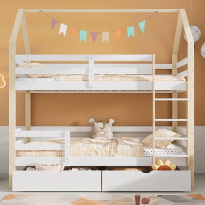 Pugsdrly In en uit bed komen, tweepersoonsbed, kinderbed in huisvorm, grote lades, grenenhouten huisbed voor kinderen, 90 x 200 cm, zonder matras, wit + houtkleur