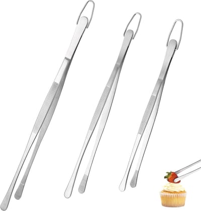 Keukenpincet, set van 3: kooktang van 18/8 roestvrij staal met naadloos lassen, flexibele klemfunctie en antislip voor serveren, grillen, braden, decoreren, aanrichten (ronde punt)