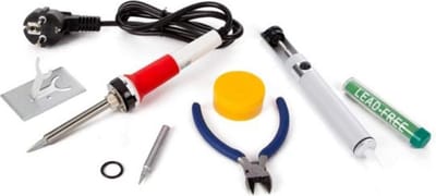 Velleman soldeerset, soldeerbout 25 W, reservepunt, desoldeerpomp, soldeerbouthouder, tang, flux, soldeertin