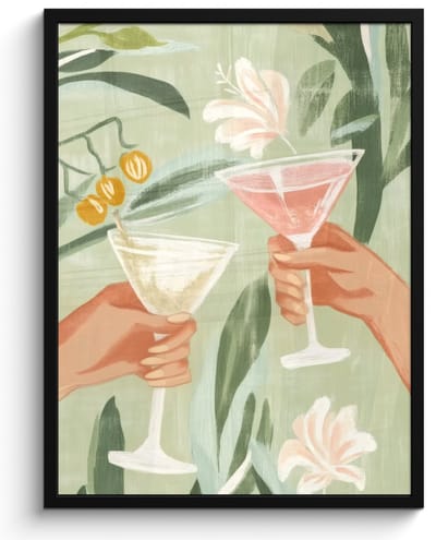Poster in lijst - Fotolijst 50x70 cm - Posters - Glazen - Proosten - Bladeren - Groen - Posterlijst zwart - Decoratie - Wanddecoratie woonkamer - Muurdecoratie slaapkamer