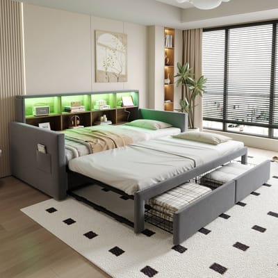 MODENUIT Slaapbank 90x190 cm – Uitschuifbaar tot 180 cm – Hoofdbord met opbergruimte, led en stopcontacten – Zonder matras – Grijs