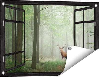 Gards Tuinposter Doorkijk Hert in Bos - 60x40 cm - Tuindoek - Tuindecoratie - Wanddecoratie buiten - Tuinschilderij