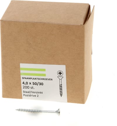 Hoenderdaal Spaanplaatschroef verzinkt platverzonken kop PZ2 deeldraad 4.0X50/30 (per 200 stuks)