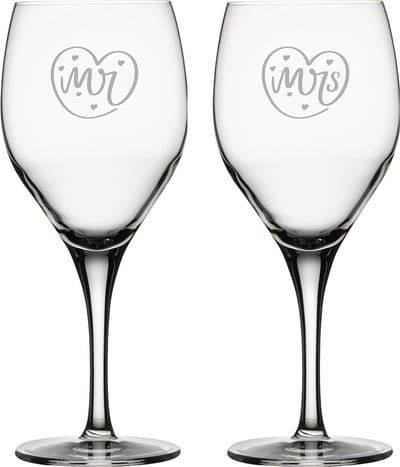 Gegraveerde set witte wijnglazen 34cl Mr. In hartje - Mrs. In hartje