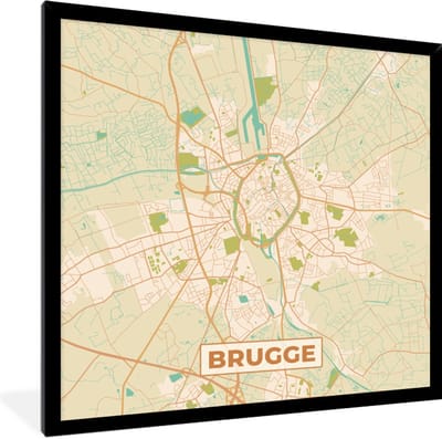 Fotolijst incl. Poster - Brugge - Kaart - Plattegrond - Brugge - Stadskaart - 40x40 cm - Posterlijst