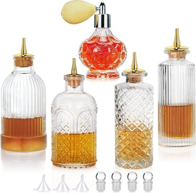 Glazen Bitters Fles Set van 5 Stuks met Spuit en Verchroomde Zinklegering Top voor Cocktails en Drankpresentatie