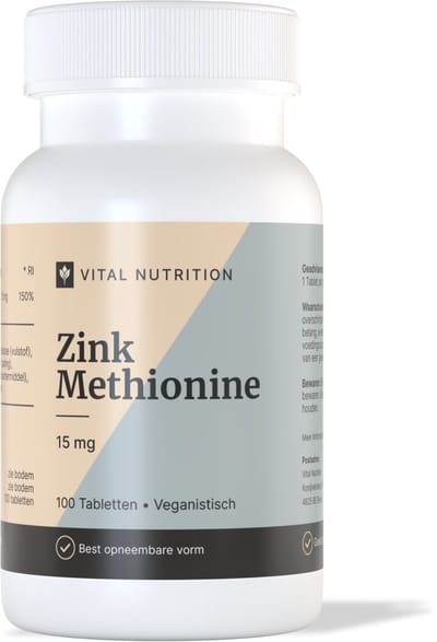 Vital Nutrition Zink Methionine - 15 mg - Goed opneembaar - Plantaardig - 100 tabletten