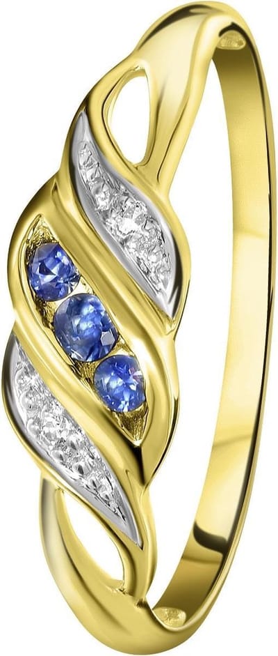Lucardi Dames Ring met saffier en diamant 0,11ct - Ring - Cadeau - 14 Karaat Goud - Geelgoud