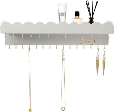 Wandhouder Sieraden Organizer met 28 Haken en Make-up Plank - Muurbevestiging voor Kettingen en Armbanden, Grijs