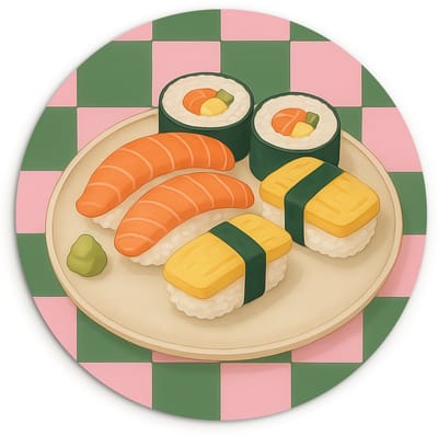WallCircle® Wandcirkel 120x120 cm - Muurcirkel Sushi - Bord - Geblokt - Groen - Muurdecoratie woonkamer - Wanddecoratie slaapkamer - Kamer decoratie accessoires - Ronde schilderijen XXL