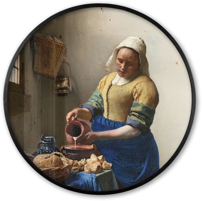 Poster in lijst Rond - Fotolijst 60x60 cm - Posters - Het melkmeisje - Kunst - Oude meesters - Vermeer - Ronde posterlijst zwart - Decoratie - Wanddecoratie woonkamer - Muurdecoratie slaapkamer