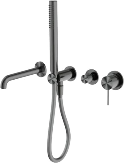 Owen & Finch Badkraan Gun Metal (PVD) – Messing Mengkraan met Staafhanddouche – 215mm Uitloop – Inbouw Badmengkraan – Inclusief Inbouwdeel