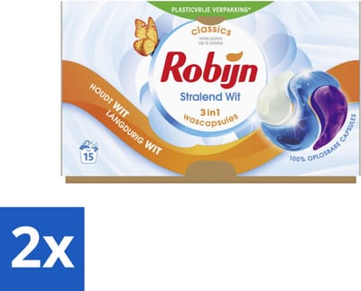 2 x Robijn Wascapsules 3-in-1 Stralend Wit 15 stuks per verpakking - Wit Was - Stralend Wit - Wascapsules - White Serum - Wasbescherming