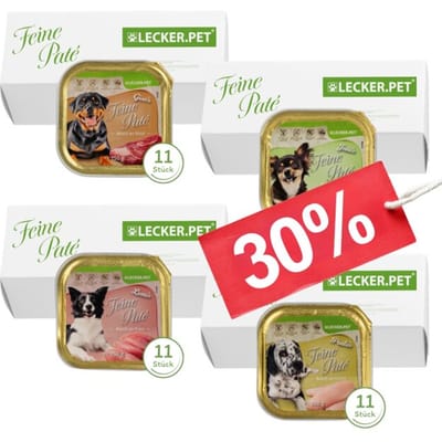 44 x 150 g Lecker.Pet® Gino's, Josie's, Luna's & Paula's Feine Paté hondenvoer natvoer mix compleet voer - 11 bakjes per soort
