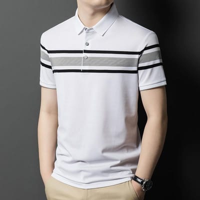 Katoenen T-shirt met korte mouwen voor heren, Zomer Nieuw Product, Modieus Casual Veelzijdig Gestreept Poloshirt voor Jonge en Middelbare Leeftijd 4XL gray