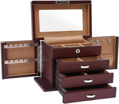 Sieradenkist - Opbergdoos Hout - Sieraden Opbergen - Met Spiegeltje - 4 Lagen - Bruin