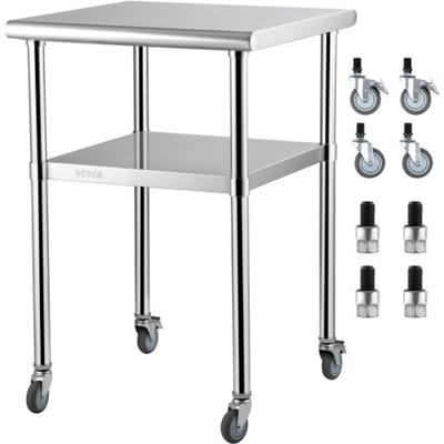 VEVOR Commerciële roestvrijstalen tafel 61 x 61 x 91,4 cm, oprolbare werktafel met twee niveaus, snijtafel gastro, draagvermogen 181,4 kg + 91 kg, commerciële keukentafel, voorbereidingstafel, keukenmeubilair