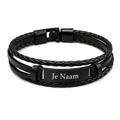 Armband met graveer, Armband met naam, Gepersonaliseerde zwarte armband met naamgravure - strak layered design, Armband met naamplaatje ,graveerarmband