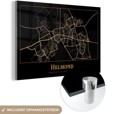 MuchoWow® Glasschilderij 60x40 cm - Schilderij acrylglas - Kaart - Helmond - Goud - Zwart - Foto op glas - Schilderijen