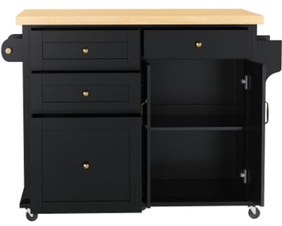 Verrijdbaar Keukeneiland, Keukentrolley, Dressoir, Opbergkast - Met Multifunctionele Lade, Verstelbaar Werkblad - Zwart, 107 × 45 × 90.5 cm
