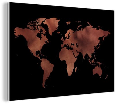 Aluminium schilderij 120x80 cm - Wanddecoratie metaal - Wereldkaart - Zwart - Rood - Metalen muurdecoratie woonkamer - Decoratie industrieel - Foto op dibond - Industriële accessoires slaapkamer