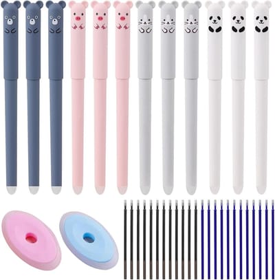 Set van 12 uitwisbare balpennen met 24 navullingen en 2 gummetjes - 0.5mm blauwe en zwarte inkt voor kinderen en volwassenen, ideaal voor kantoor en school