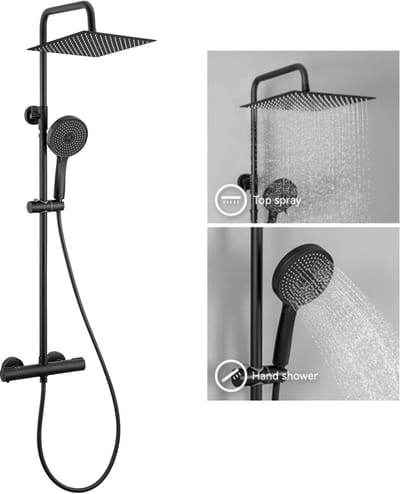 DERW max Regendouche met Thermostaatkraan - Zwart Douchesysteem - 12 inch Douchekop - met 5-functie handdouche - Doucheset - Waterbesparend - Mat Zwart
