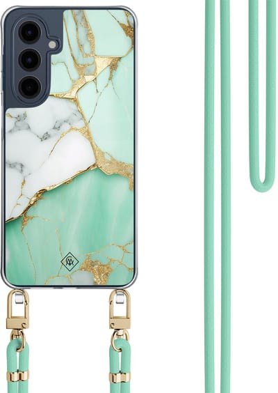 Casimoda® hoesje met mintgroen koord - Geschikt voor Samsung A16 - Marmer Mintgroen - Afneembaar koord - TPU/polycarbonaat - Mint