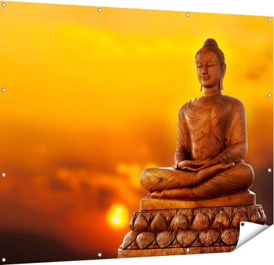 Gards Tuinposter Boeddha Standbeeld bij Zonsondergang - 150x120 cm - Tuindoek - Tuindecoratie - Wanddecoratie buiten - Tuinschilderij