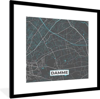 Fotolijst incl. Poster - België – Damme – Stadskaart – Kaart – Blauw – Plattegrond - 40x40 cm - Posterlijst