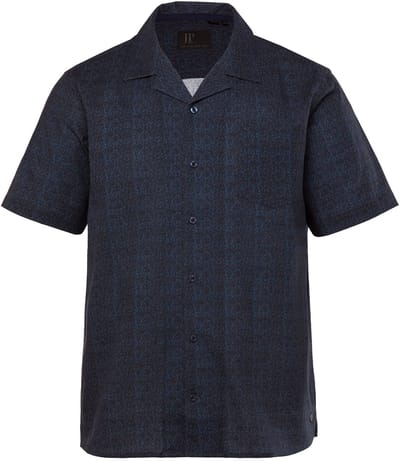 JP 1880 - Heren - Overhemd in linnenlook halflange mouwen bloemenprint - Navy blauw - Maat L