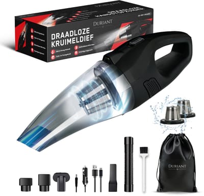 Duriant ® -Kruimeldief snoerloos -Handstofzuiger- Autostofzuiger- Oplaadbaar- 5 opzetstukken en Autolader-Kruimelzuiger- 10000Pa - 2x HEPA FILTER- Best Verkocht-Nat en droog -Incl. Opbergtas
